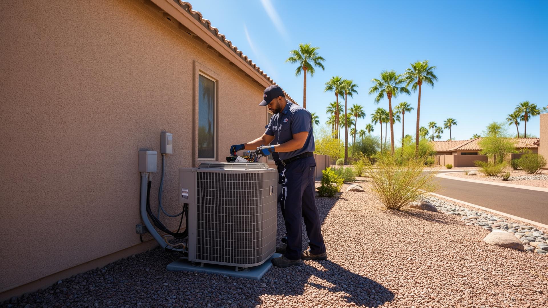 It's HOT Heating & Air technician servicing an AC unit in Casa Grande